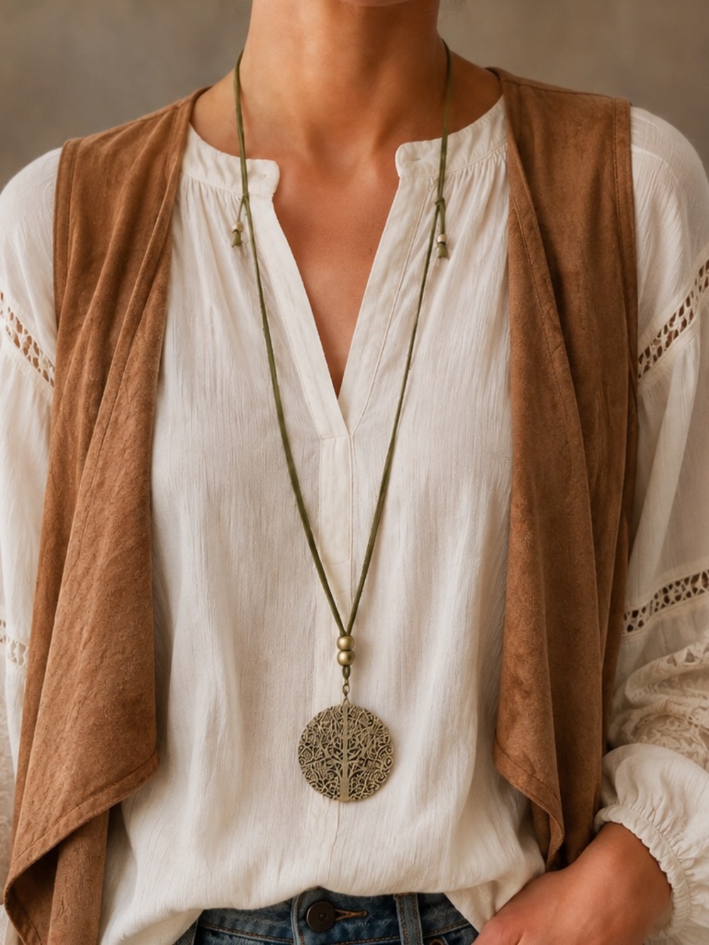 Boho Tree of Life Pendant Necklace Olive Green Cord Antique Gold Tone